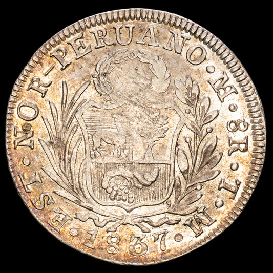Perú. 8 Reales. (26,71g.). Lima. 1837. Ensayador P·M. KM-155. XF. Muy bella.