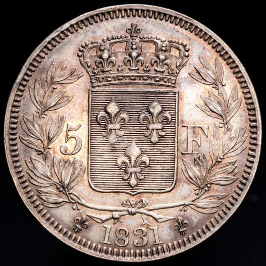 Francia – Enrique V. 5 Francs. (24,63 g.). 1831. KM-35. UNC-. Restos de brillo original. Hermosa pátina.