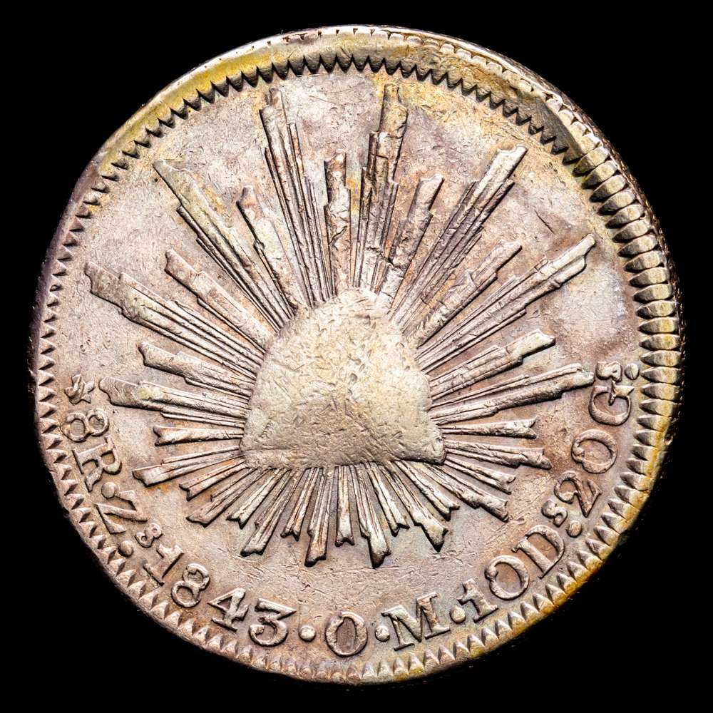 México. 8 Reales. (26,71 g.). Zacatecas. 1843. Ensayador O·M. KM-77.13. MBC.