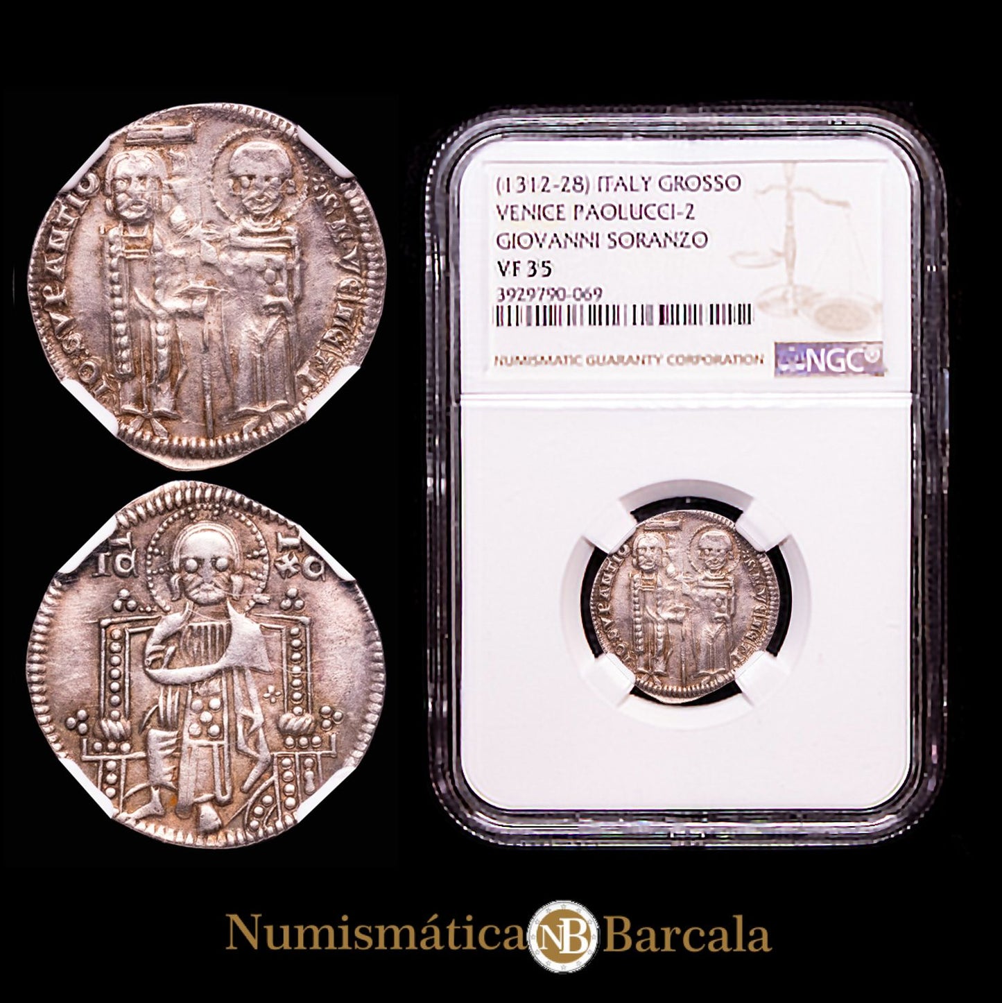 Italia. Grosso Venice (1312-28) Paolucci-2 Giovanni Soranzo Encapsulada por la NGC VF35.
