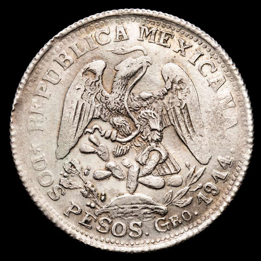 México. 2 Pesos. (24,18 g.). Guerrero. 1914. KM-643.3. EBC-/MBC+. Rara. Epoca revolucionaria