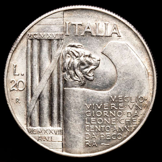 Italia – Victor Manuel. 20 Liras. (20,01 g.). Roma. 1928. KM-70. EBC. Restos de brillo original. Escasa en este estado.