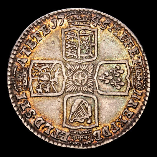 Gran Bretaña – George II. 1 Shilling. (5,98 g.). Lima. 1745. Spink-3703. XF. Bella pátina irisada.