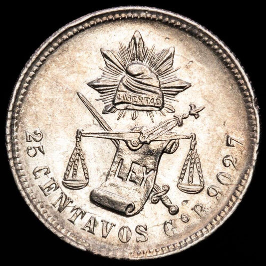 República de México. 25 Centavos. (6,8 g.). Guanajuato. 1888. Ensayador R. KM-406.7. UNC-. Brillo original