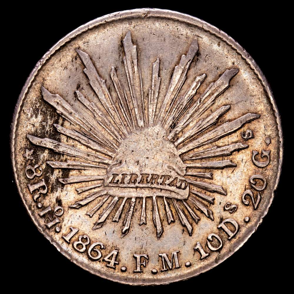 México. 8 Reales. (27,09 g.). Hermosillo. 1864. F·M. KM-377.9. MBC+. Muy rara