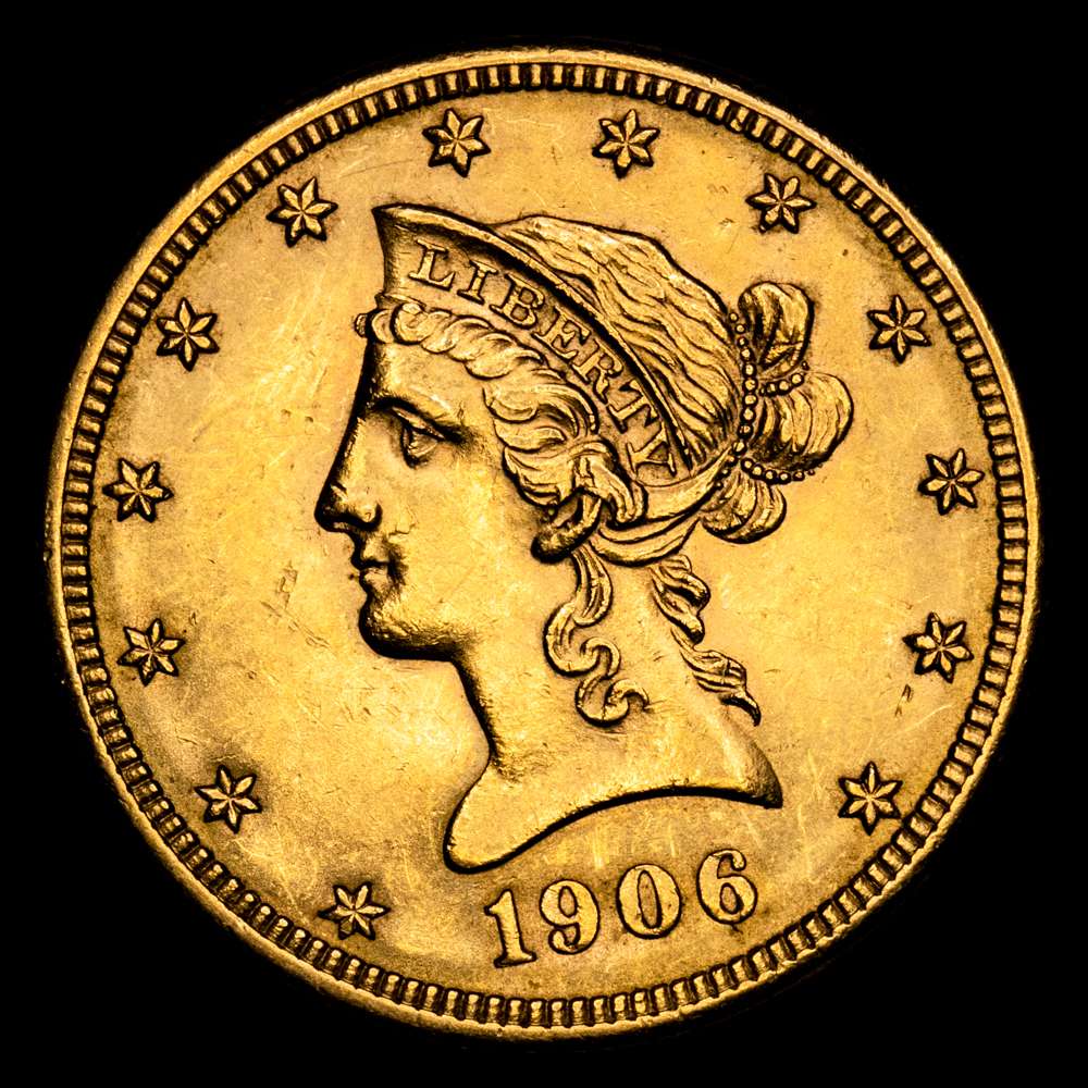 Estados Unidos 10 Dólares 1906 D KM# 102, N# 16134; Oro (.900) 16,72 g; “Coronet Head”; Con lema; Casa de la Moneda de Denver; UNC-.