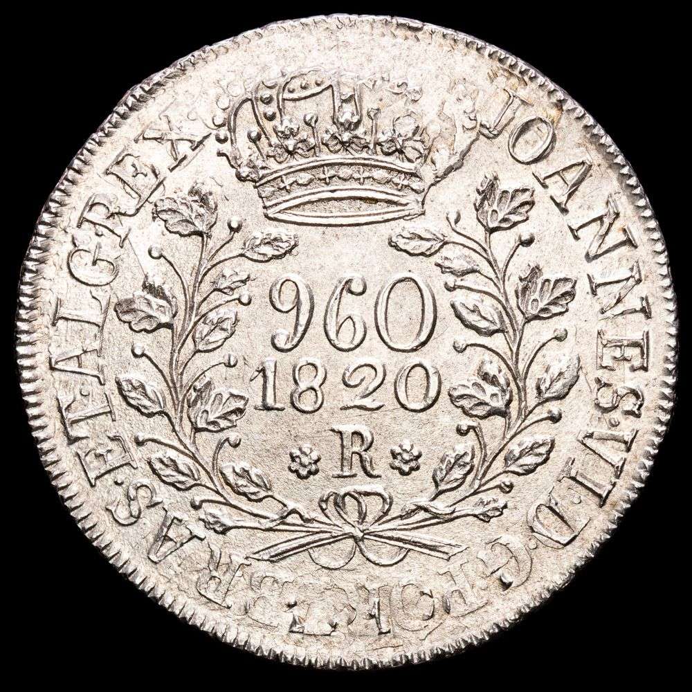 Brasil. Joannes VI. (26,86 g.). Rio. 1820. KM-326.1. XF. Acuñada sobre un 8 Reales de Lima J.P. 1819 .