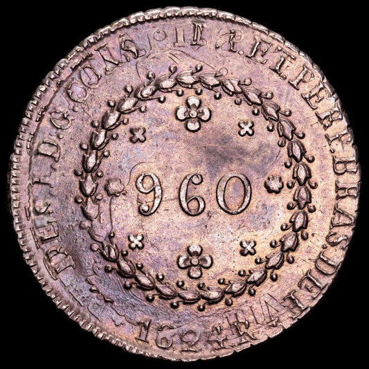 Brasil. 960 Reis. (26,76 g.). Rio. 1824. KM-368.1. EBC-. Acuñada sobre un 8 Reales 1821 P·J
