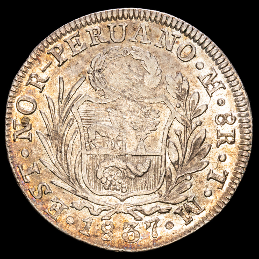 Perú. 8 Reales. (26,71g.). Lima. 1837. Ensayador P·M. KM-155. XF. Muy bella.