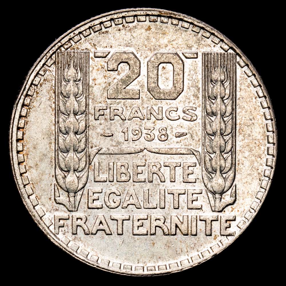 República de Francia. 20 Francs. (20.04 g.). 1938. KM-879. XF+. Brillo original.