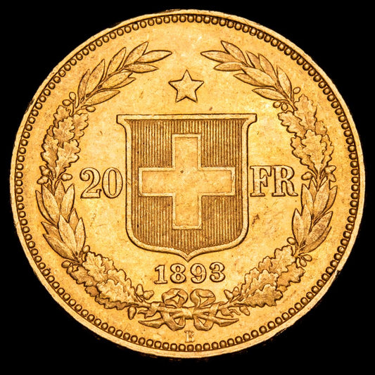 Suiza. 20 Francos. (6,45g.). Berna ·B. 1893. KM-31.3. XF+.