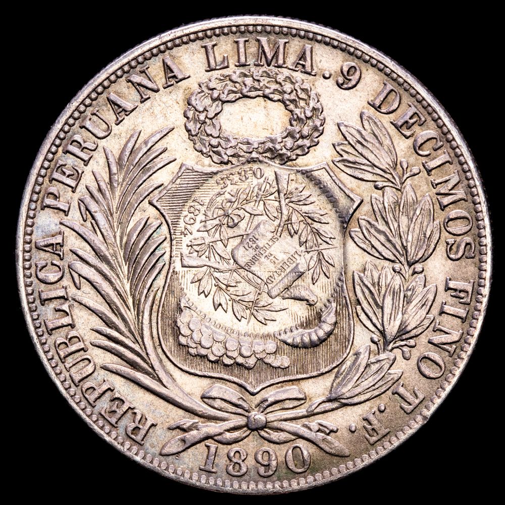 República de Perú. 1 Sol. (24,92g.). Lima. 1890. Ensayador T·F. KM-196.24. VF+.