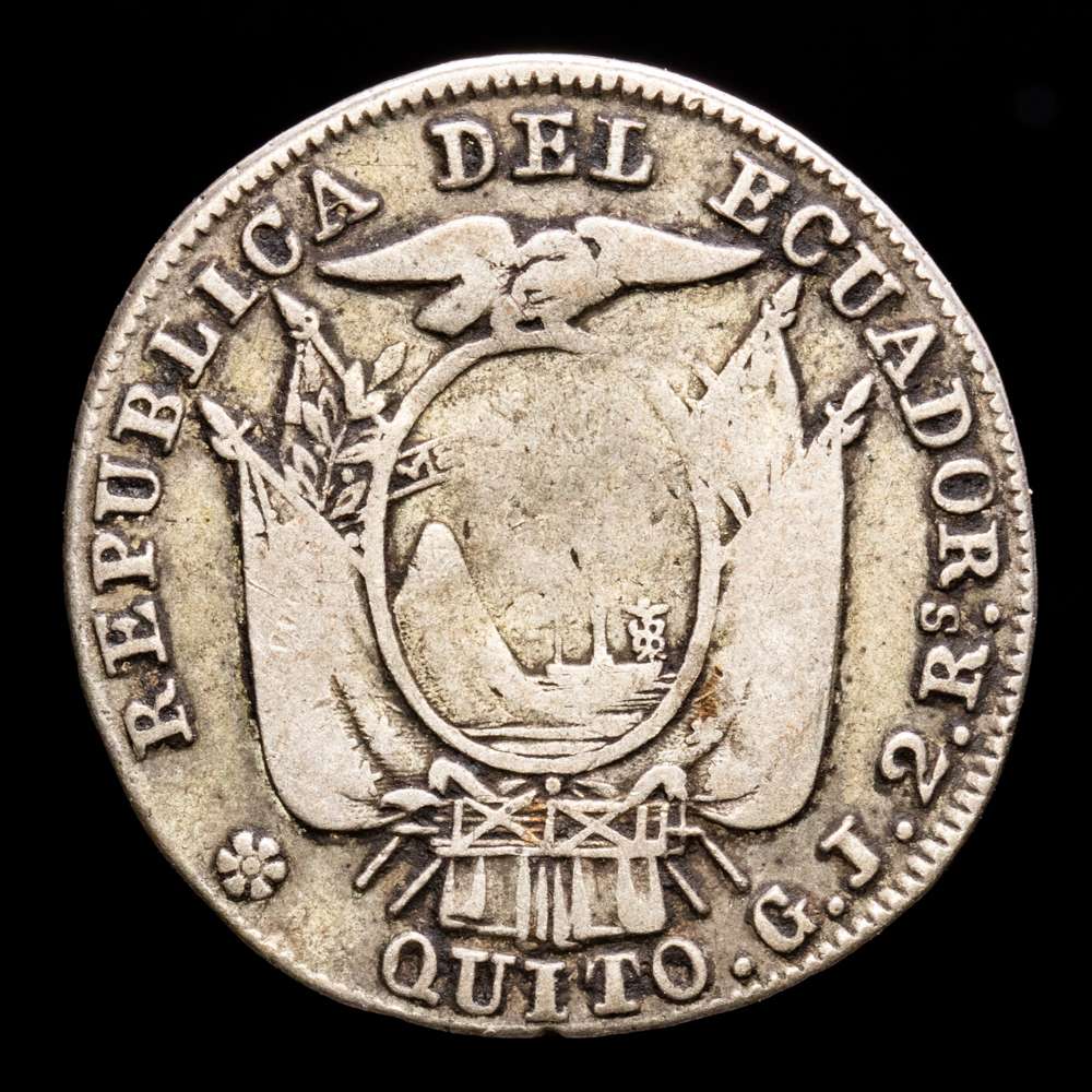 República de Ecuador. 2 Reales. (6,15 g.). Quito. 1849. Ensayador G·J. KM-33. MBC-. Rara