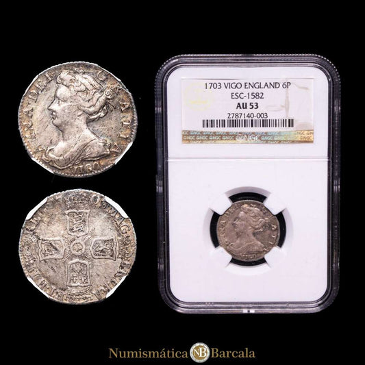 Gran Bretaña – Ana. Escudo (6 Pence).  Vigo. 1703. Encapsulado por NGC AU53.