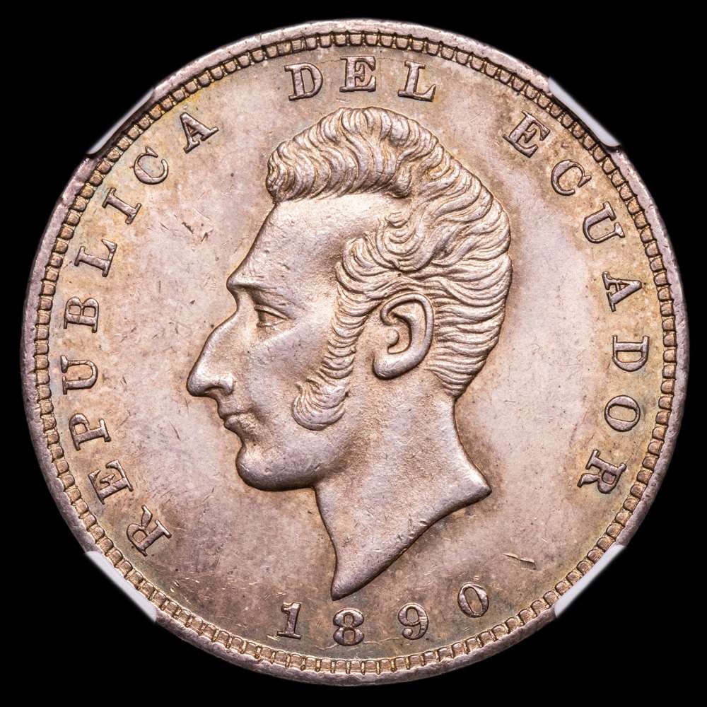 ECUADOR, República. AR Sucre. Ceca de Lima. Fechado 1890 TF. KM 53,3; Y 31. Encapsulado por NGC con calificación MS 63.