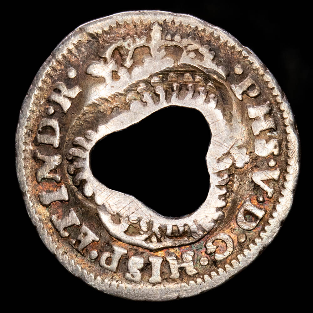 Gibraltar – Felipe V. 1/2 Bit. (1,33 g.). México. 1746. Ensayador M. VG 20. Rara. T-1 Heart cut on 1/2 Real