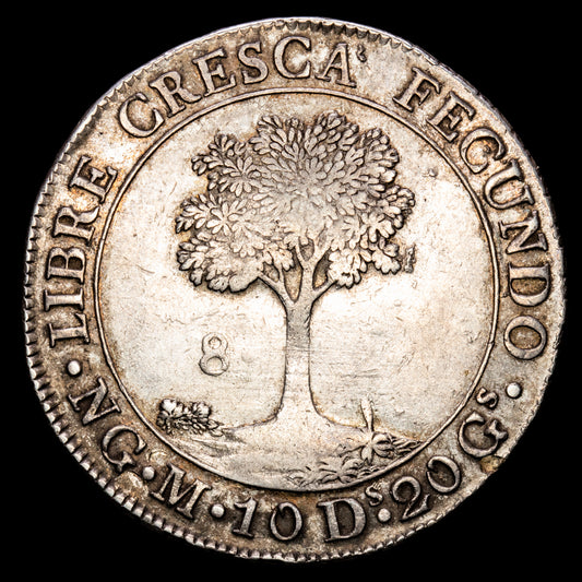 República de Centro América. 8 Reales. (26,9 g.). Nueva Guatemala. 1829. Ensayador M. KM-106.1. MBC+. Rara. Valor “R” anepígrafo.