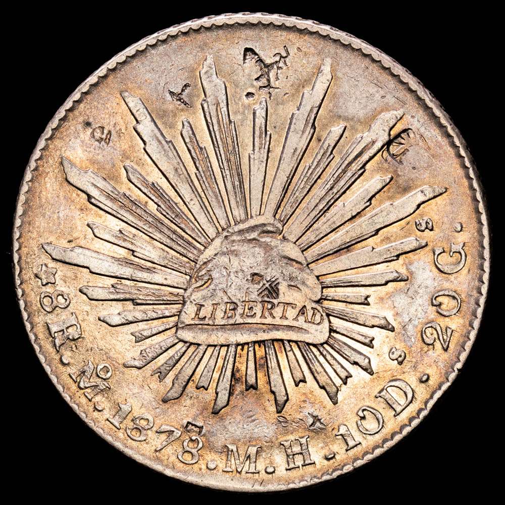 República de México. 8 Reales. (26,82 g.). México. 1878. Ensayador M·H. KM-377.10. MBC+. Resellos chinos.