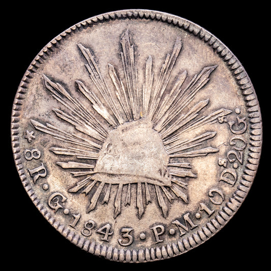 México. 8 Reales. (26,94 g.). Guanajuato. 1843. Ensayador P·M. KM-377.8. MBC+. Bella pátina.