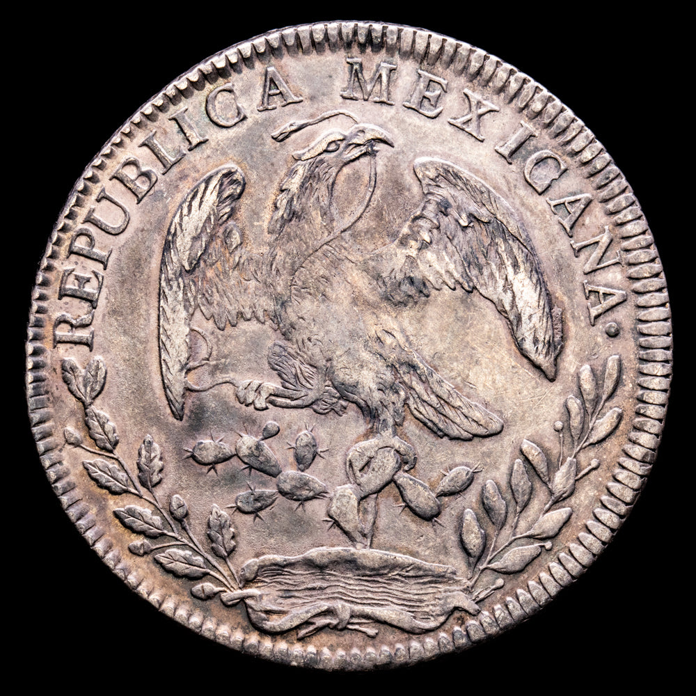 México. 8 Reales. (26,94 g.). Guanajuato. 1843. Ensayador P·M. KM-377.8. MBC+. Bella pátina.