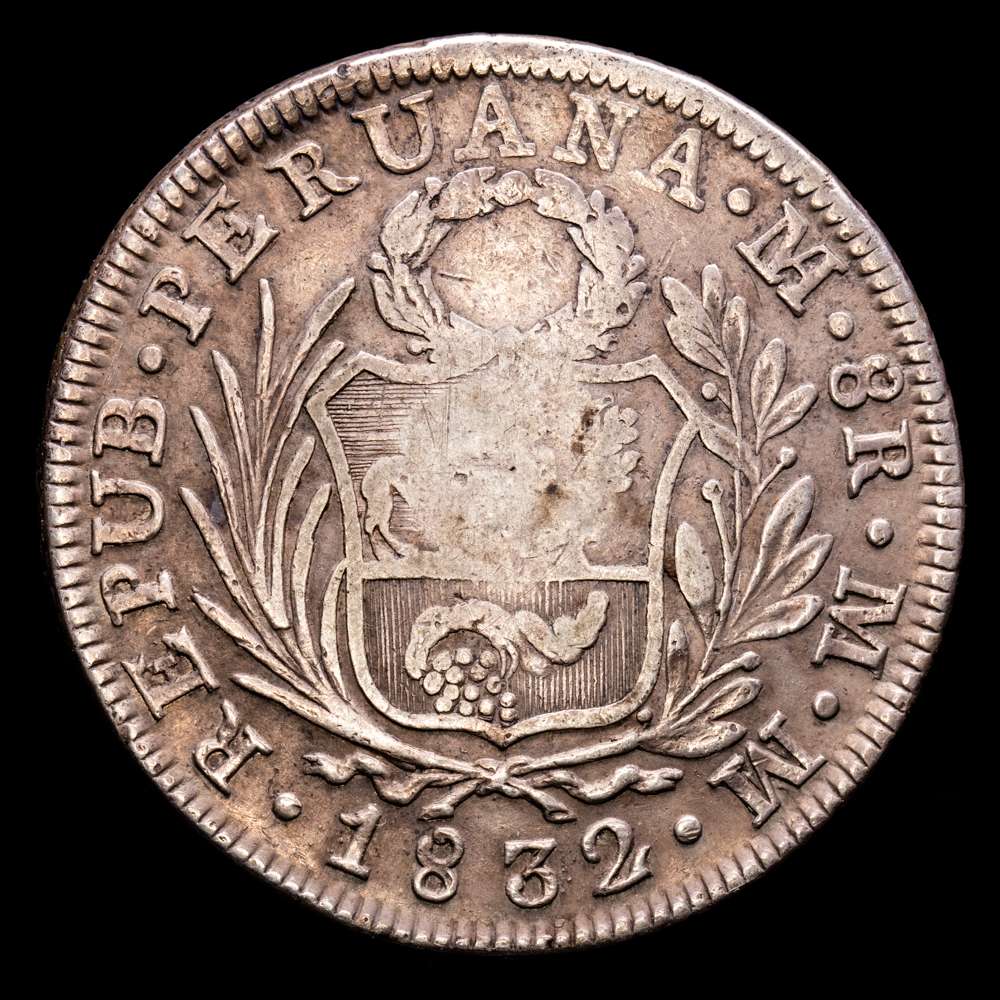República de Perú. 8 Reales. (27,07 g.). Lima. 1832. Ensayador M·M. KM-142.3. VF+. Resello de Filipinas – F.7.0