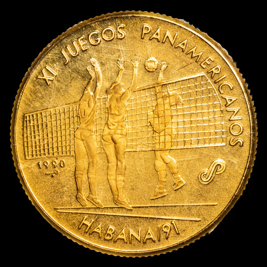 Cuba – 50 pesos  (15,55 g.). 1990. XI Juegos Panamericanos. Voleibol. AU. Piefort. KM-323.