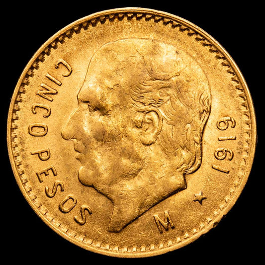 México. 5 pesos, 1919-M. Fr-168; KM-464. Peso 0.1206 onzas. Cabeza de Hidalgo a la izquierda. EBC+.