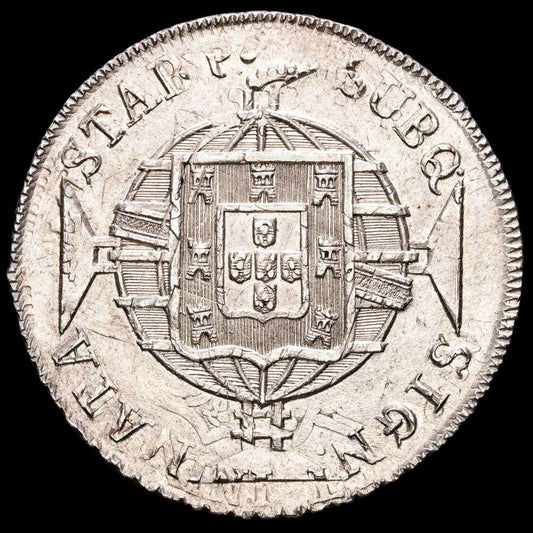 Brasil. Joannes VI. (26,86 g.). Rio. 1820. KM-326.1. XF. Acuñada sobre un 8 Reales de Lima J.P. 1819 .