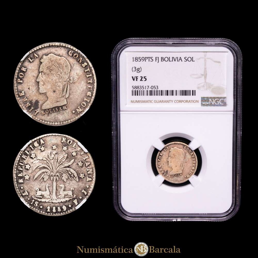 Bolivia. Sol. (3 g.). Potosí. 1859. Ensayador F·J. Encapsulado por NGC VF25.