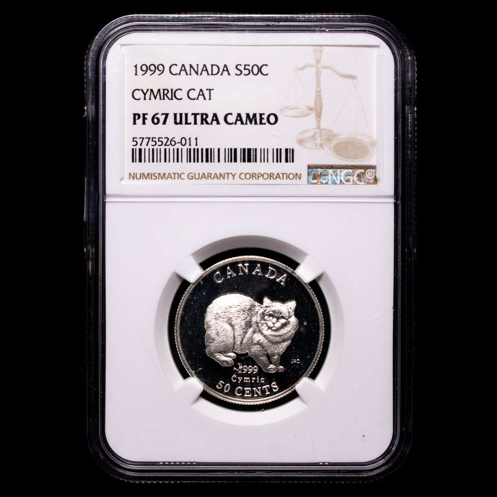 CANADÁ: Moneda de 50 centavos (1999) en plata (0,925) con la cabeza de la reina Isabel II mirando hacia la derecha. Gato Cymric en el reverso. Placa interior de NGC “PF 67 ULTRA CAMEO”.