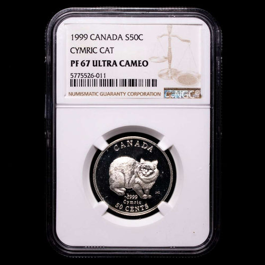 CANADÁ: Moneda de 50 centavos (1999) en plata (0,925) con la cabeza de la reina Isabel II mirando hacia la derecha. Gato Cymric en el reverso. Placa interior de NGC “PF 67 ULTRA CAMEO”.