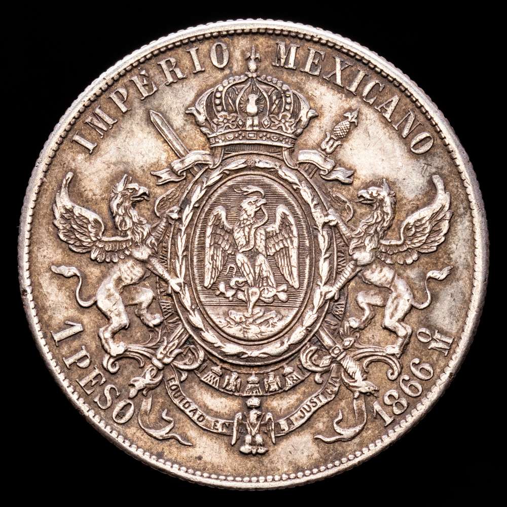 México – Maximilian I. 1 Peso. (26,78 g.). México. 1866. KM-388.1. EBC-. Pátina oscura.