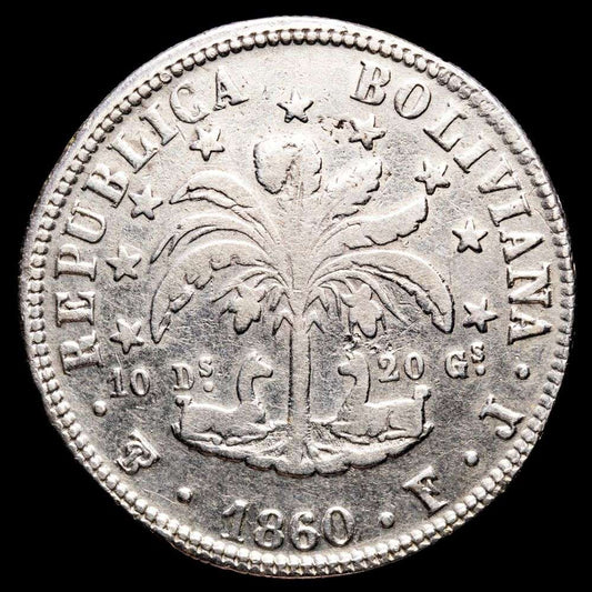 República de Bolivia. 8 Soles. (19,52g.). Potosí. 1860. Ensayador F·J. KM-138.6. VF.