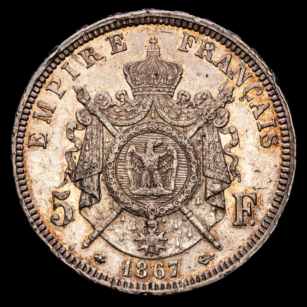 Francia – Napoleon III. 5 Francs. (24.92 g.). A-París. 1867. GAD-739. XF. Pátina