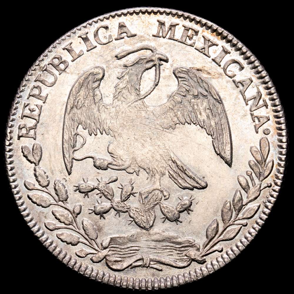 República de México. 8 Reales. (26,94 g.). Zacatecas. 1856. Ensayador M·O. KM-377.13. EBC+. Parte de brillo original.