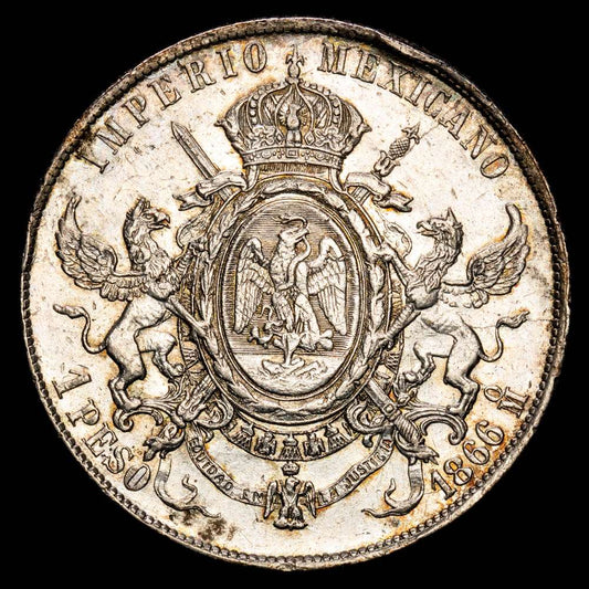 México – Maximilian I. 1 Peso. (27,15 g.). México. 1866. KM-388.1. EBC+. Restos de brillo original. Buen tono.