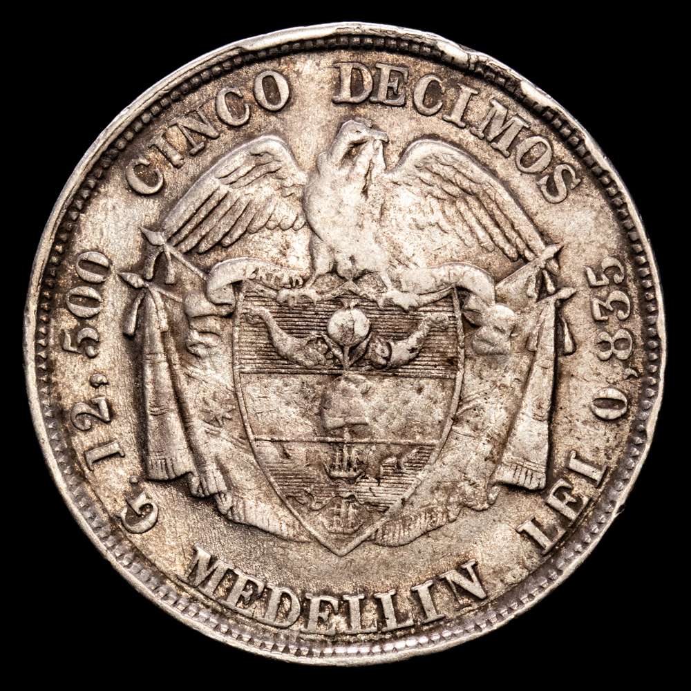 Colombia. 5 Décimos. (12,35 g.). Medellín. 1880. KM-161-1. VF. Escasa. Golpecitos.