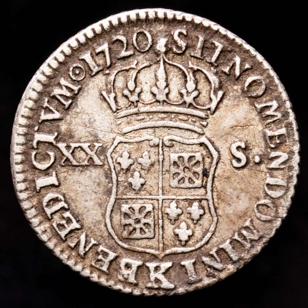 Francia – Luis XV. 20 Sols. (3,88 g.). Burdeos. 1720. K. GAD-295. MBC. “20 Sols de Navarra”