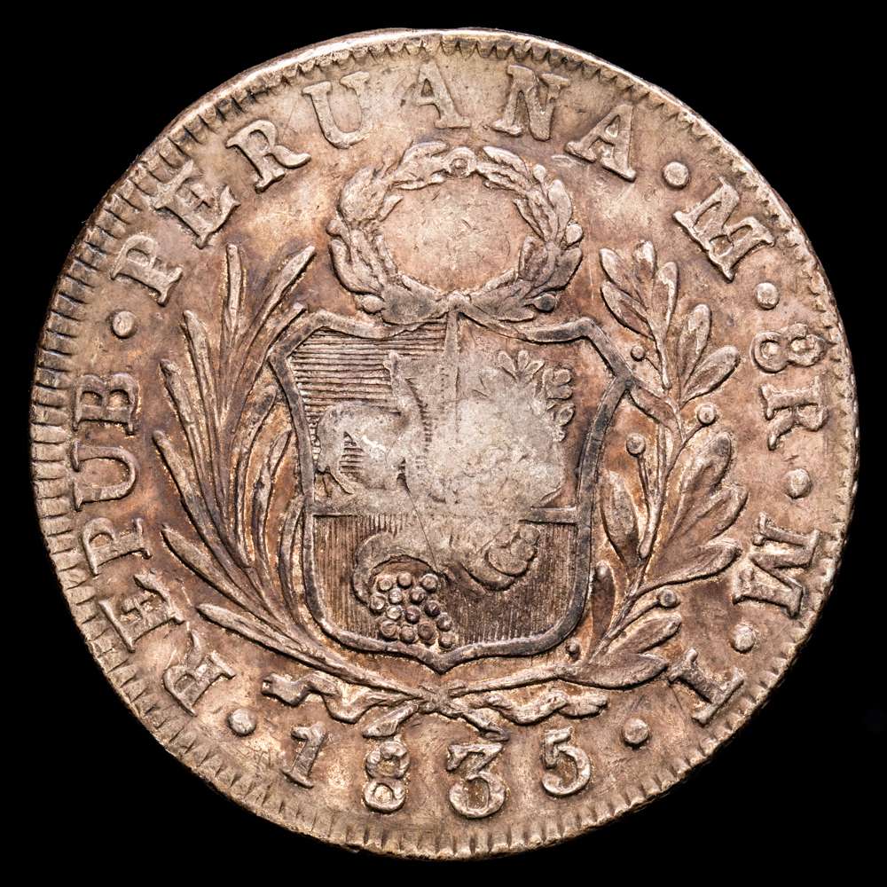 República de Perú. 8 Reales. (26,66 g.). Lima. 1835. Ensayador M·J. KM-142.3. VF+. Resello de Filipinas – Y II