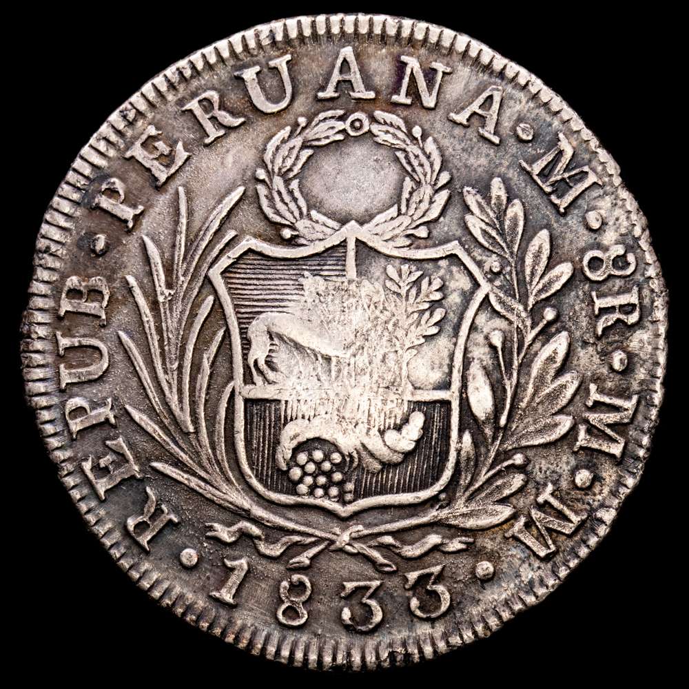 8 Reales. (1832-1834). MANILA. 26,37grs. Resello F.7º superado de corona sobre 8 Reales PERÚ 1833 Lima-MM KM-83 de Filipinas. MBC+. Tono.