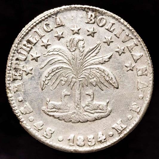 República de Bolivia. 4 Soles. (13,38 g.). Potosí. 1854. Ensayador M·F. KM-123.2. VF+.