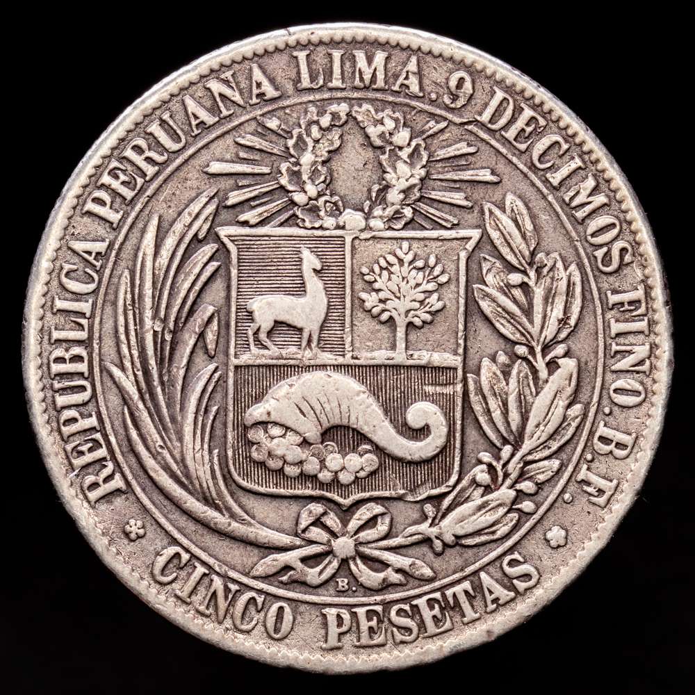 Peru. 5 Pesetas. (24,45 g.). Lima. 1880. KM-201.1. MBC.