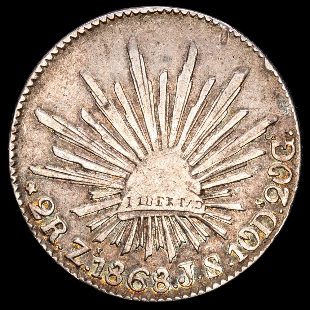 México – República. 2 Reales. (6,61g.). Zacatecas. 1868. Ensayador J·S. KM-374.2. VF.