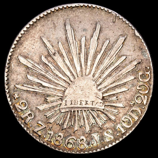 México – República. 2 Reales. (6,61g.). Zacatecas. 1868. Ensayador J·S. KM-374.2. VF.