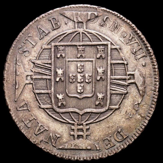 Brasil. Joannes VI. 960 Reis (26,79 g.). Rio. 1821. KM-326.1. XF. Acuñada sobre un 8 Reales, 1817, Lima Ensayador J·P.