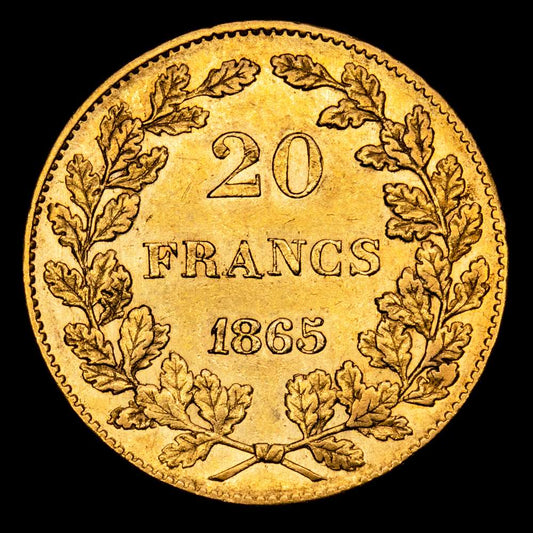Bélgica – Leopold 1er. 20 Francs. (6,45 g.). Bélgica. 1865.  . Bogaert 924A. EBC+. Brillo original