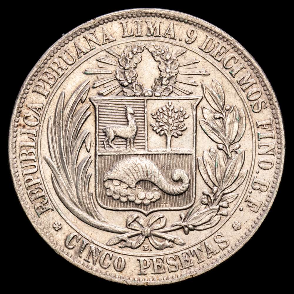 República de Perú. 5 Pesetas. (24,79 g.). Lima. 1880. Ensayador B·F. KM-201.2. MBC+.