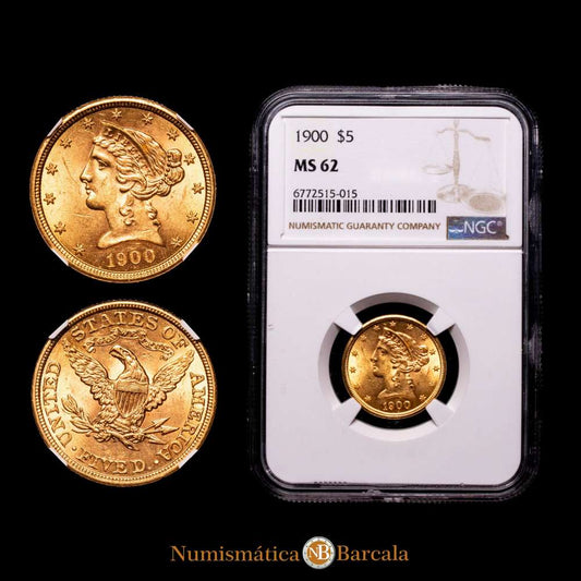EE. UU., cinco dólares de oro, 1900, cabeza de la Libertad a la izquierda, águila invertida con escudo en el pecho (KM.101), certificada y calificada por NGC como Mint State 62