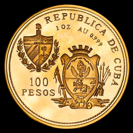 Cuba 1993. 100 pesos (km#538). (31,09 g. AU).PROOF. Prueba. 1 onza . Acuñada para conmemorar el 478 aniversario de la fundación de Santiago de Cuba.  Tirada: 100 piezas. Muy rara.