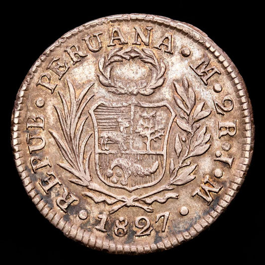 Perú. 2 Reales. (6,48 g.). Lima. 1827. J·M. KM-141.1. EBC-. Escasa